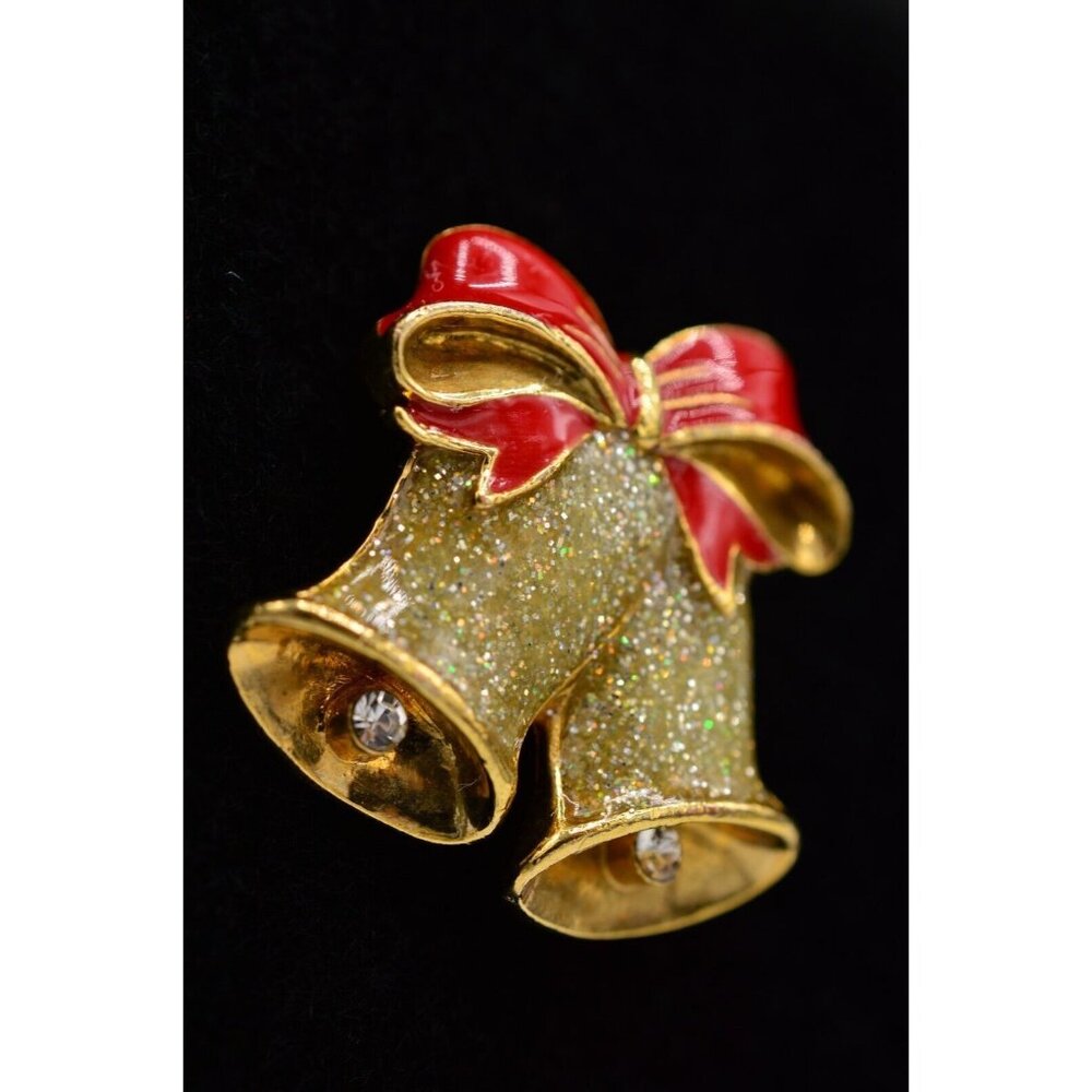 Vintage Avon Gold Tone Glitter Enamel Bow Rhinestone Christmas Bells Brooch Pin